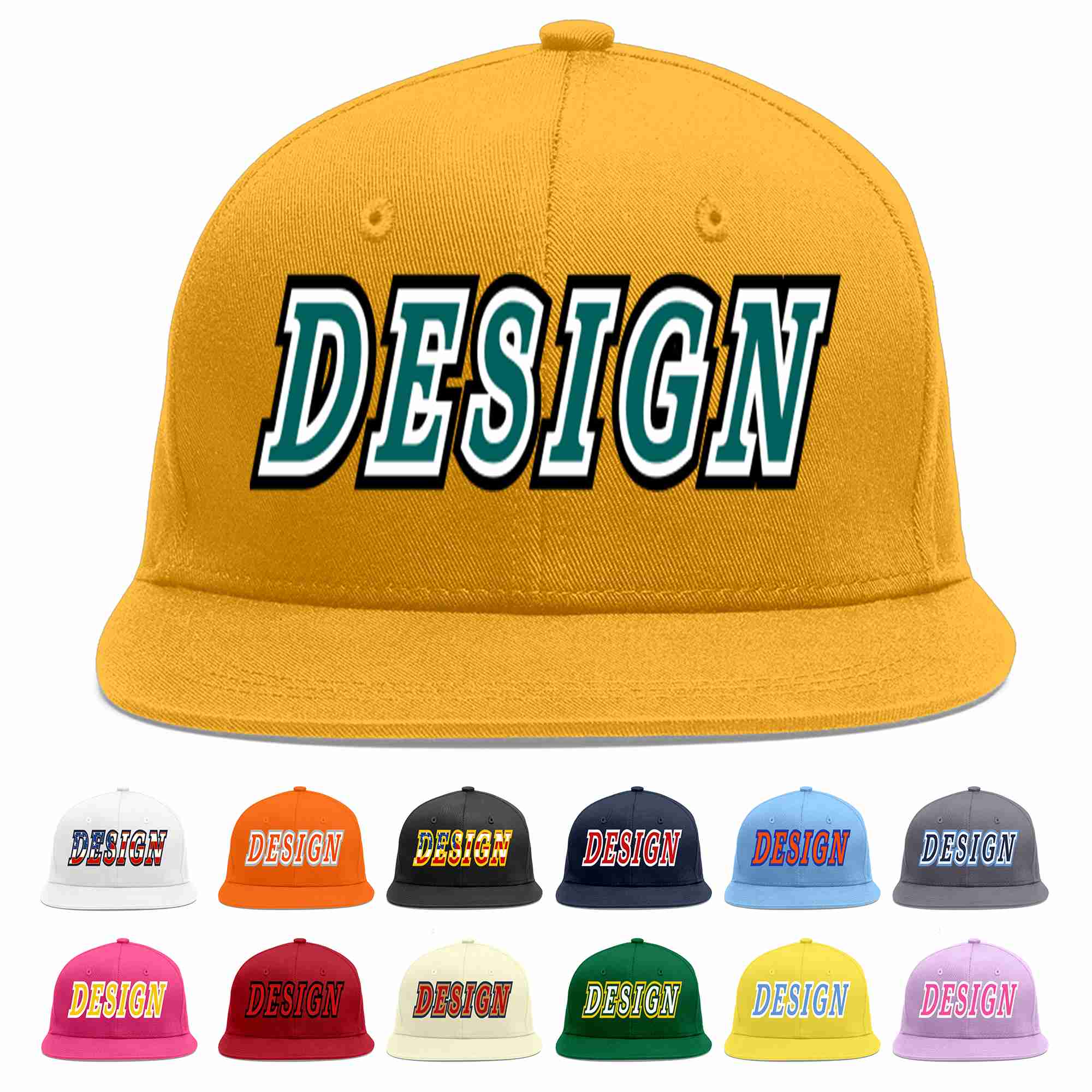 Custom Gold Aqua-White Flat Eaves Sport Baseball Cap Design for Men/Women/Youth