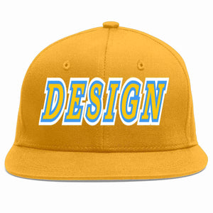 Custom Gold Gold-Powder Blue Flat Eaves Sport Baseball Cap Design for Men/Women/Youth