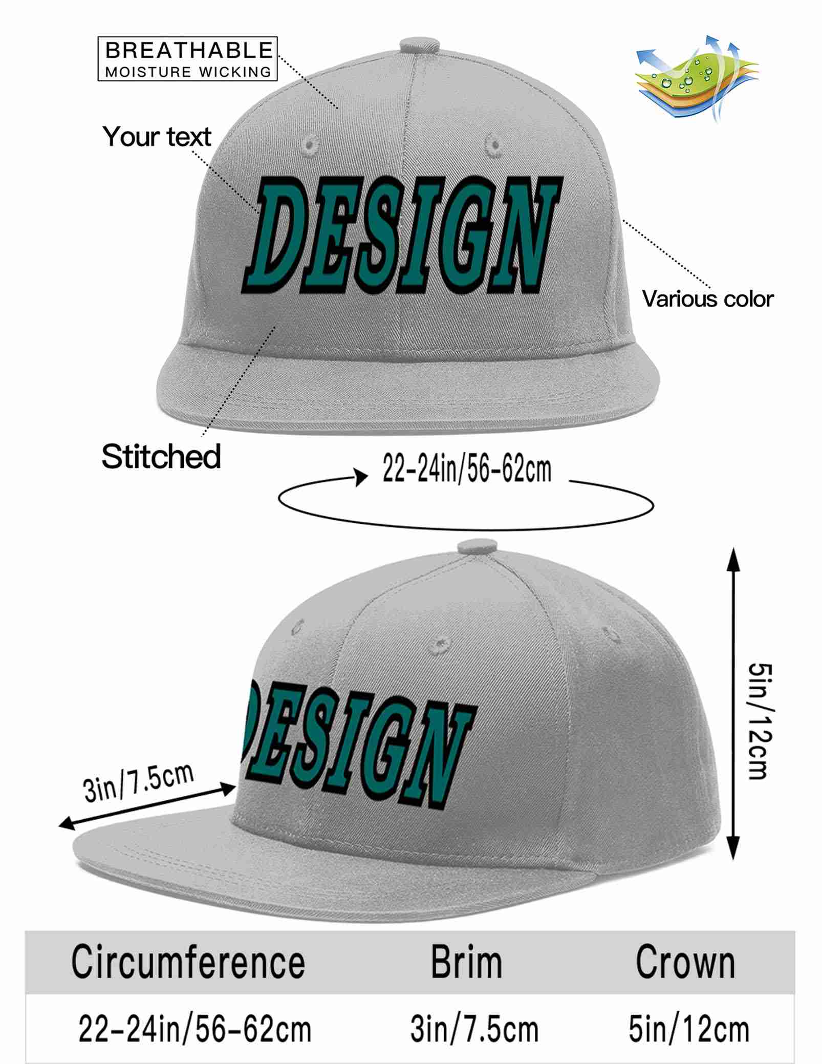 Custom Gray Aqua-Black Flat Eaves Sport Baseball Cap Design for Men/Women/Youth