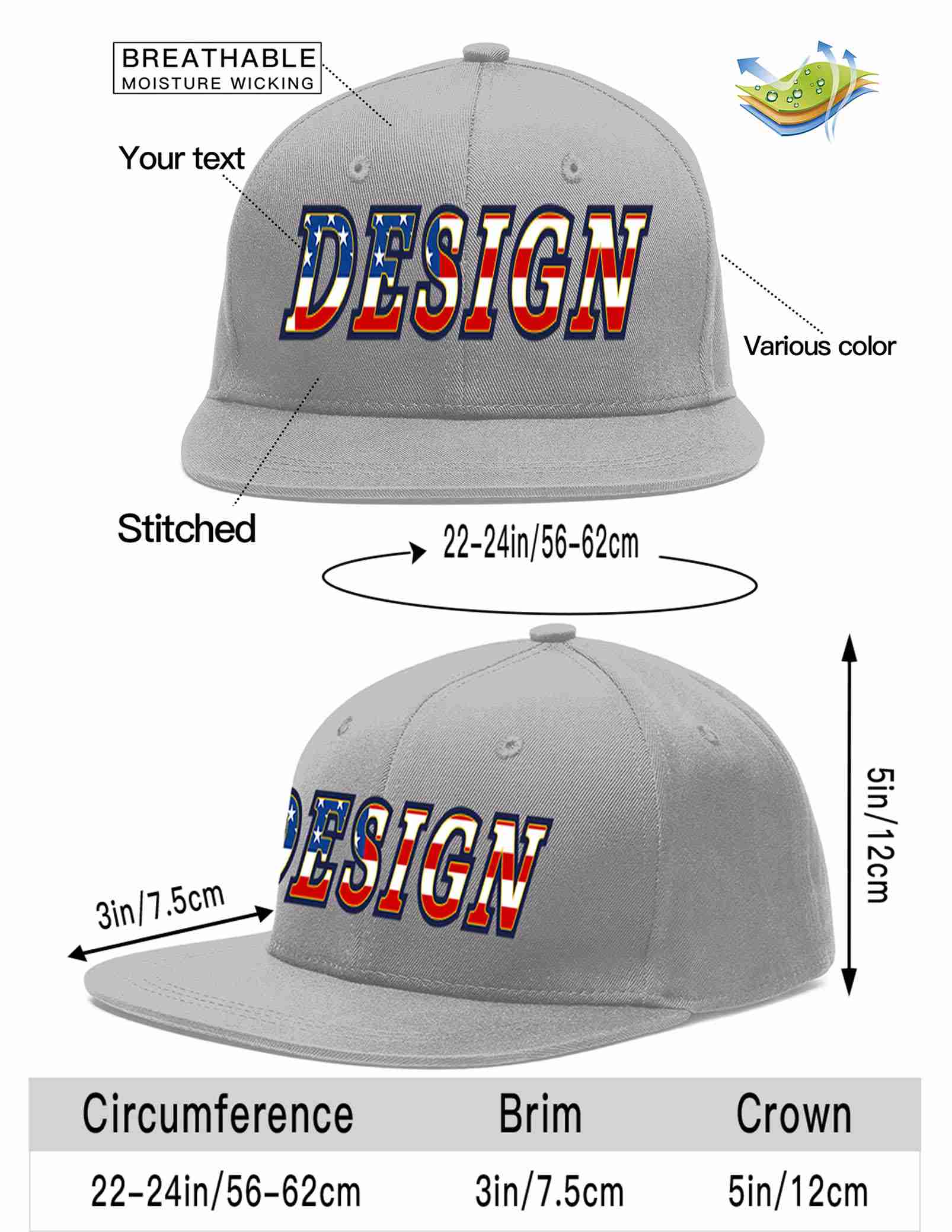 Custom Gray Vintage USA Flag-Gold Flat Eaves Sport Baseball Cap Design for Men/Women/Youth