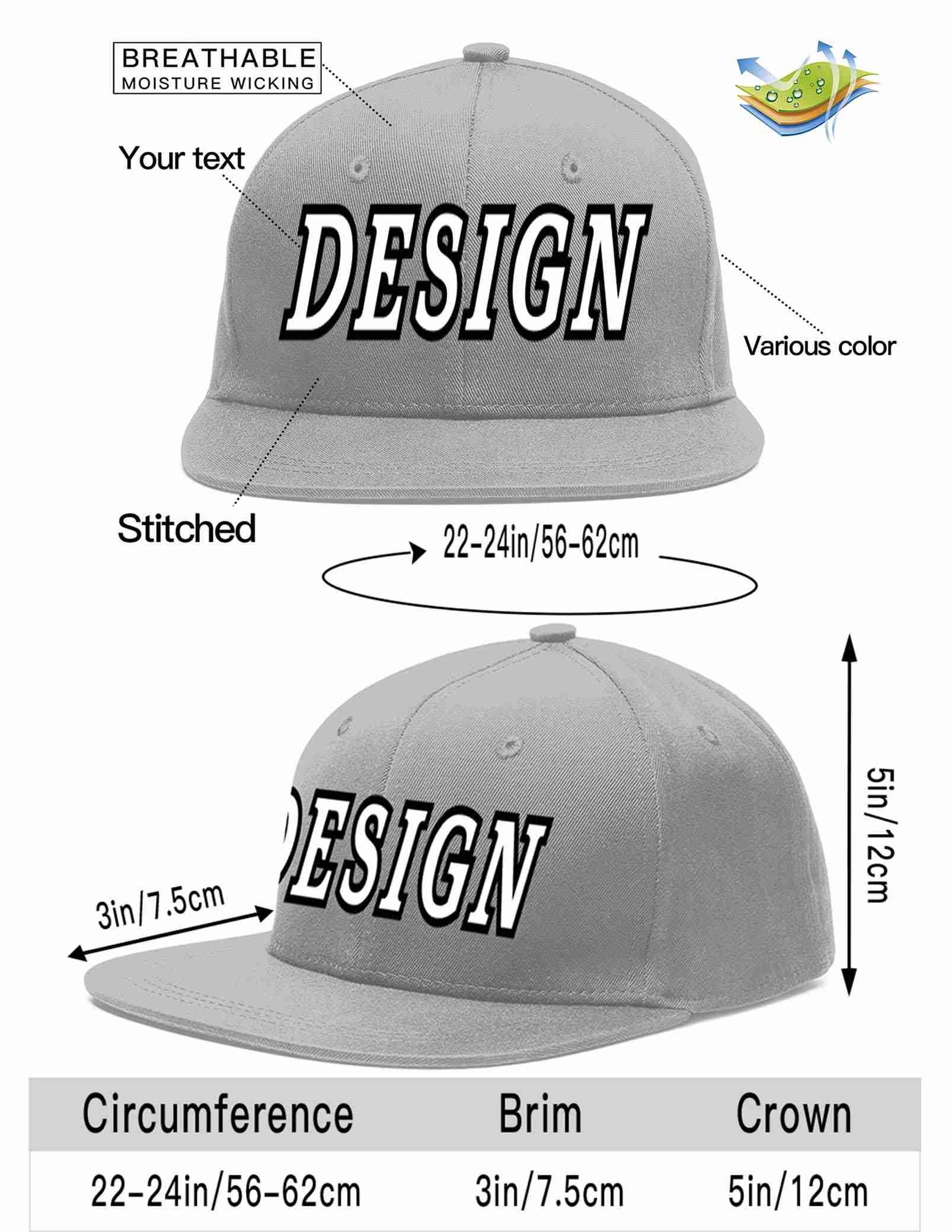 Custom Gray White-Black Flat Eaves Sport Baseball Cap Design for Men/Women/Youth