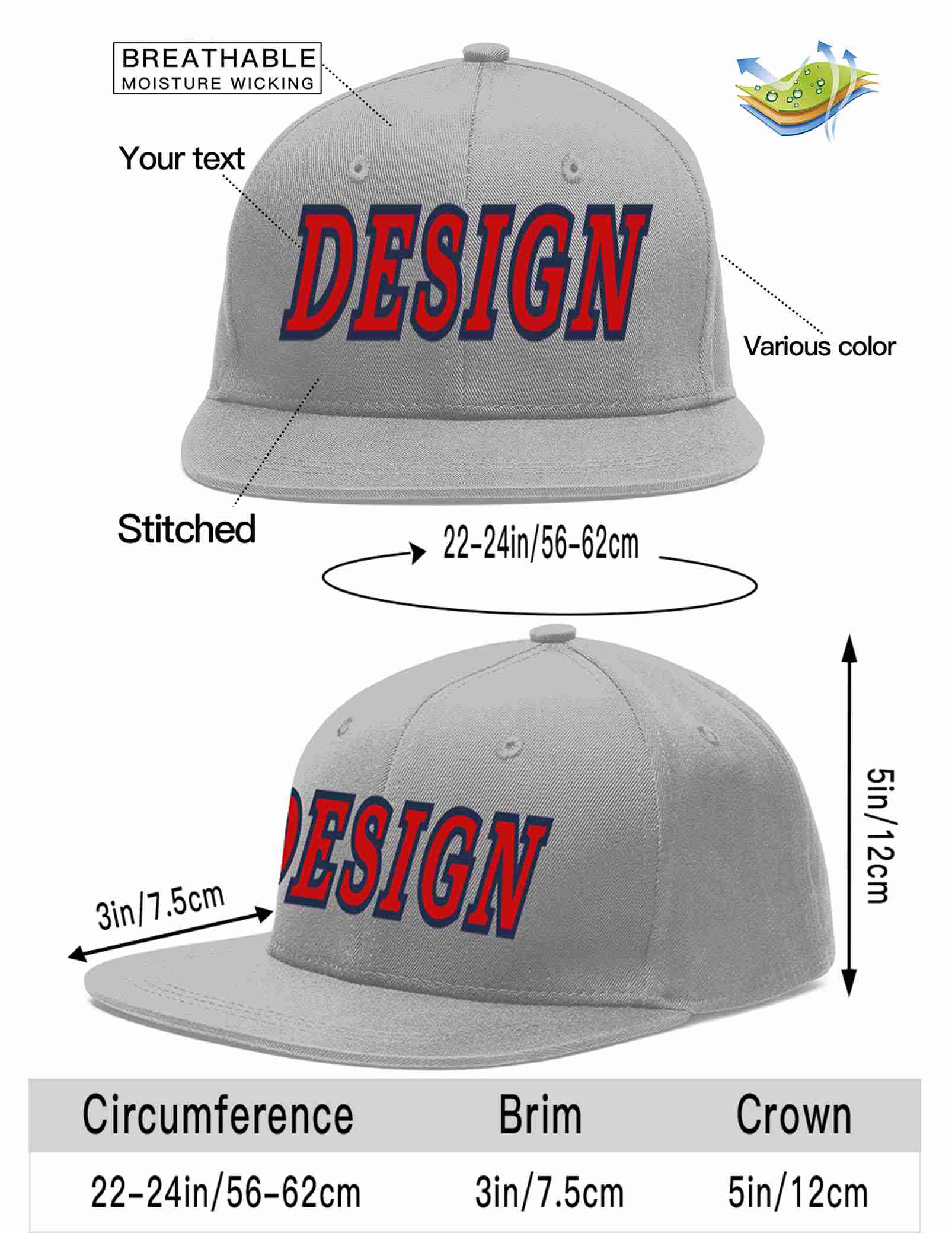 Custom Gray Red-Navy Flat Eaves Sport Baseball Cap Design for Men/Women/Youth