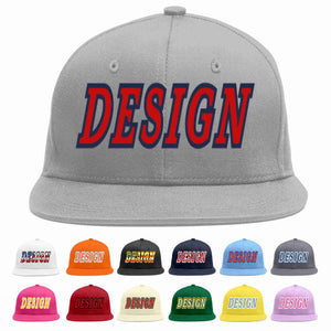 Custom Gray Red-Navy Flat Eaves Sport Baseball Cap Design for Men/Women/Youth