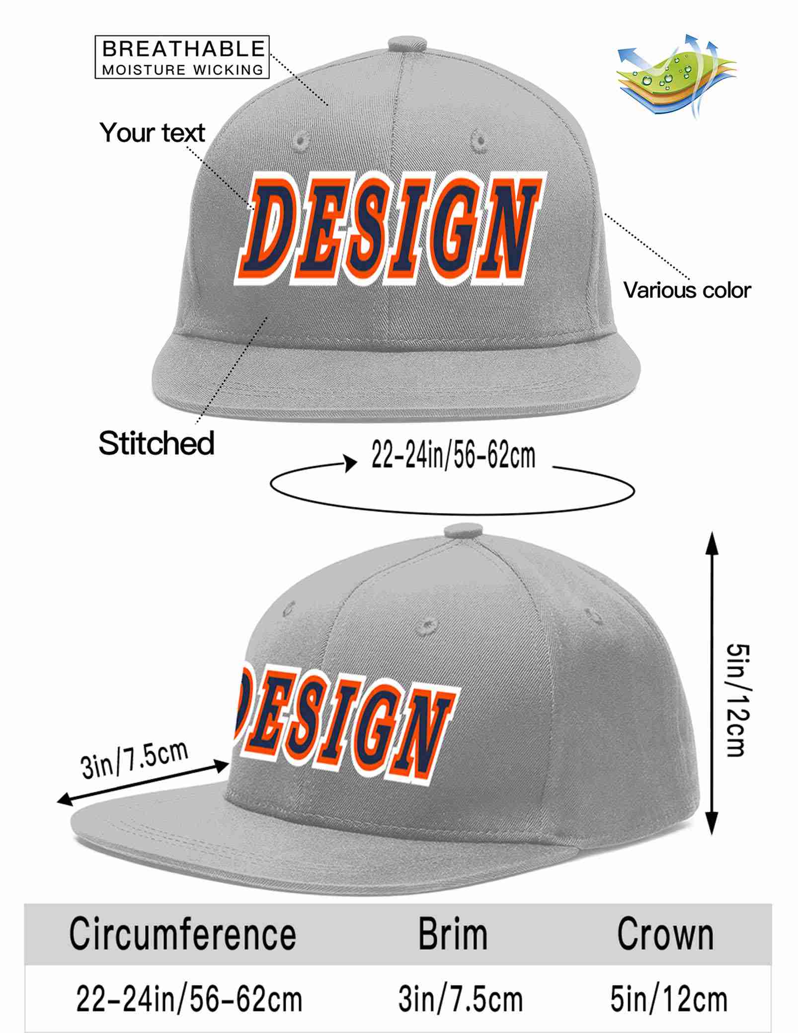 Custom Gray Navy-Orange Flat Eaves Sport Baseball Cap Design for Men/Women/Youth