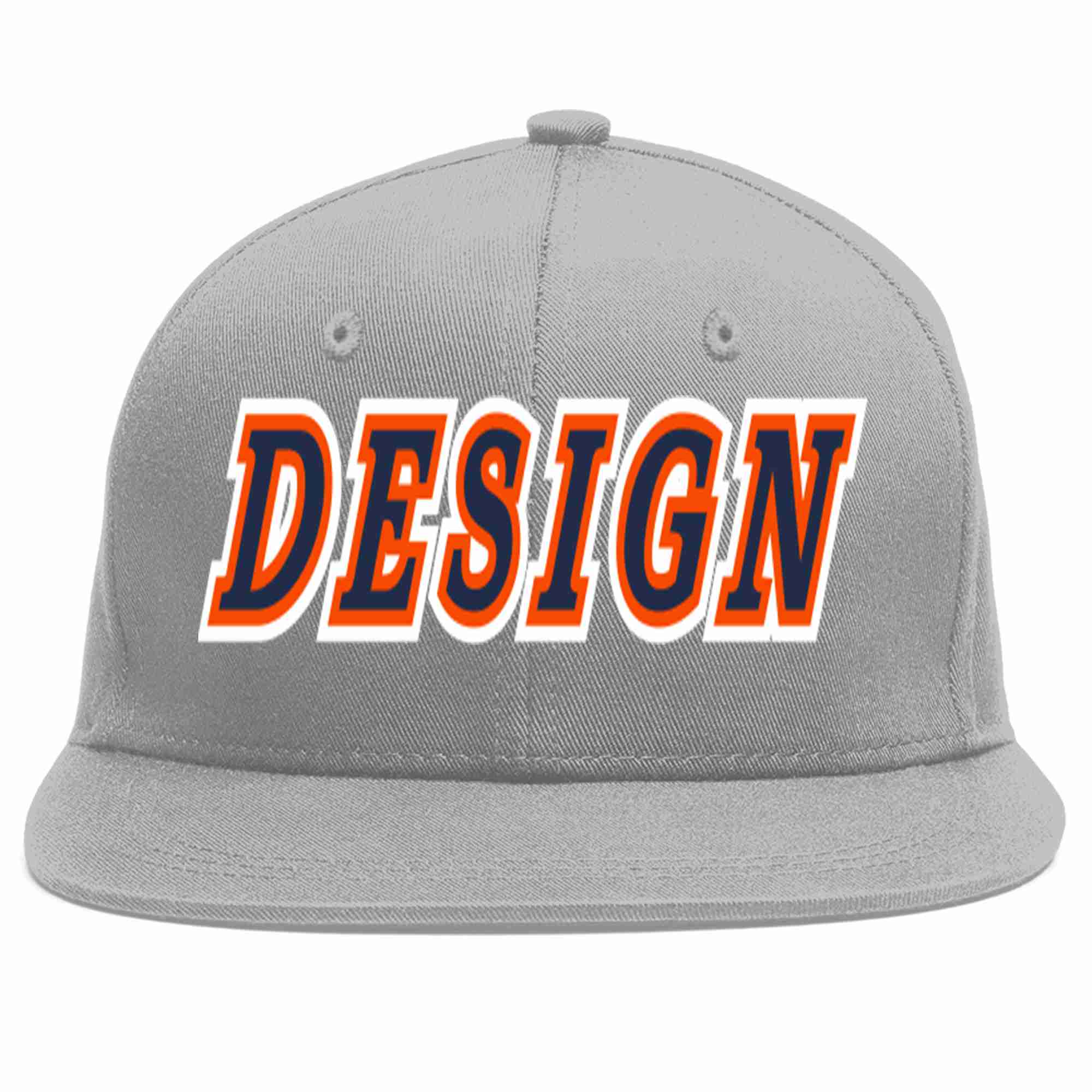 Custom Gray Navy-Orange Flat Eaves Sport Baseball Cap Design for Men/Women/Youth