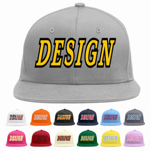 Custom Gray Gold-Black Flat Eaves Sport Baseball Cap Design for Men/Women/Youth