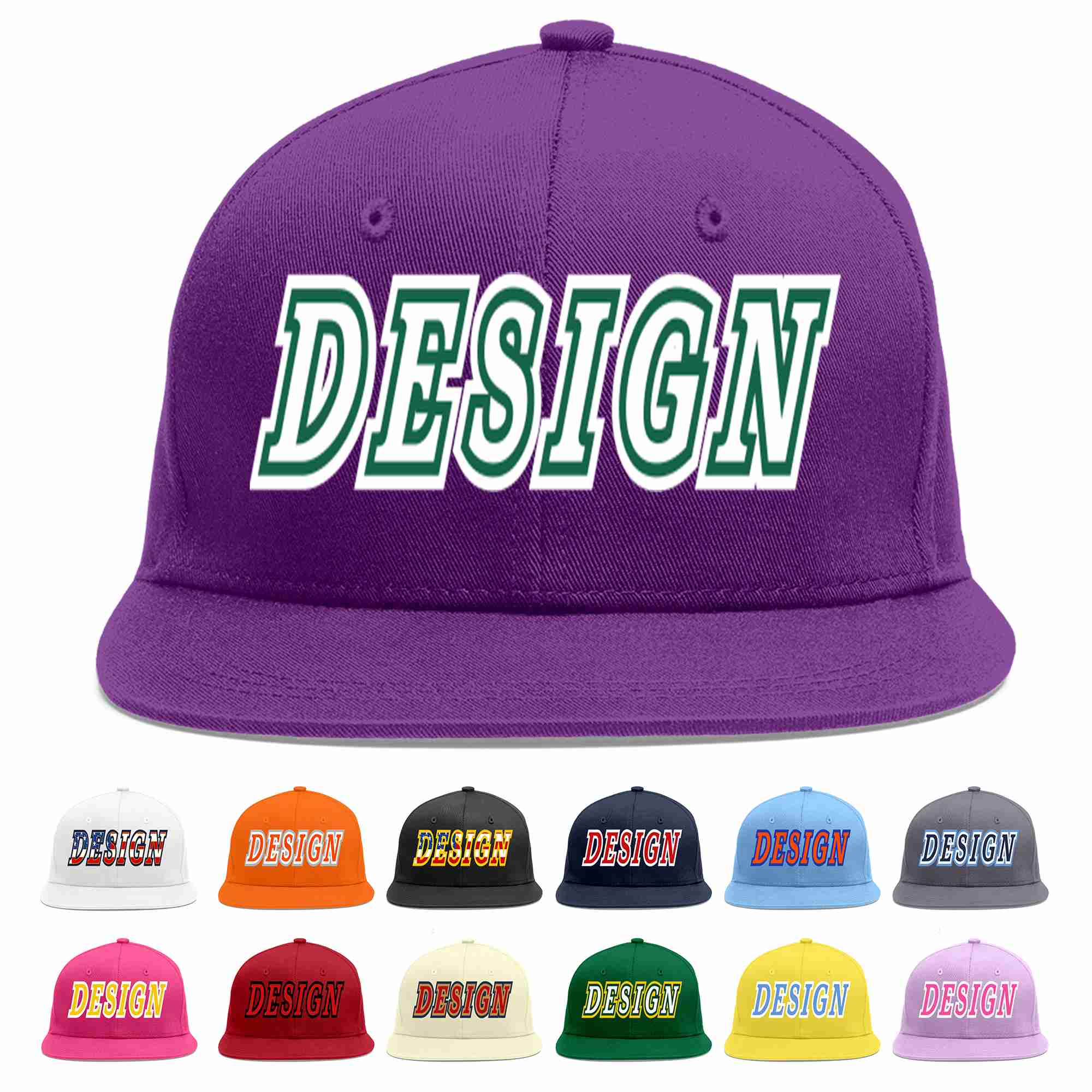 Conception personnalisée de casquette de baseball de sport à avant-toit plat violet blanc-vert Kelly pour hommes/femmes/jeunes