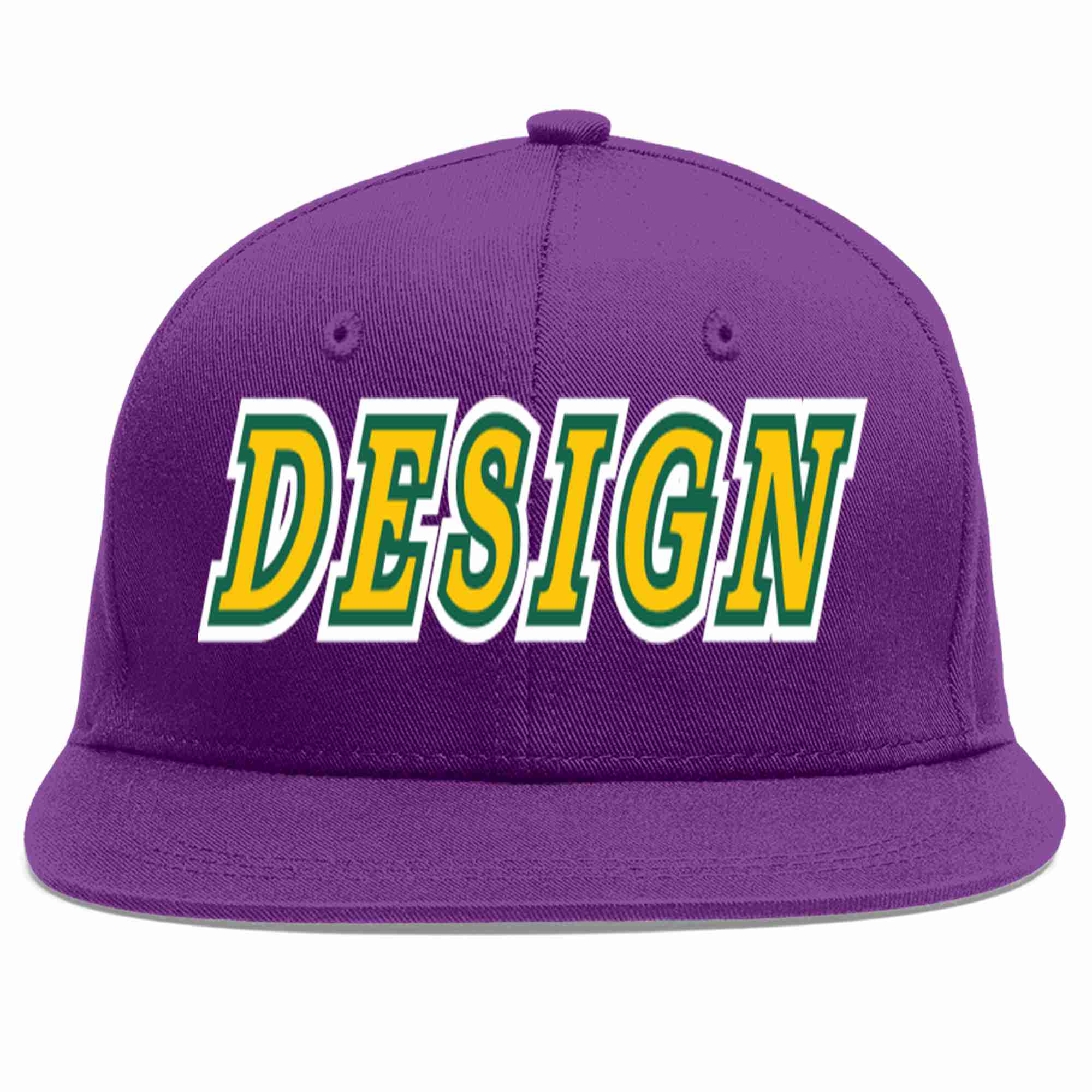 Custom Purple Gold-Kelly Green Flat Eaves Sport Baseball Cap Design for Men/Women/Youth