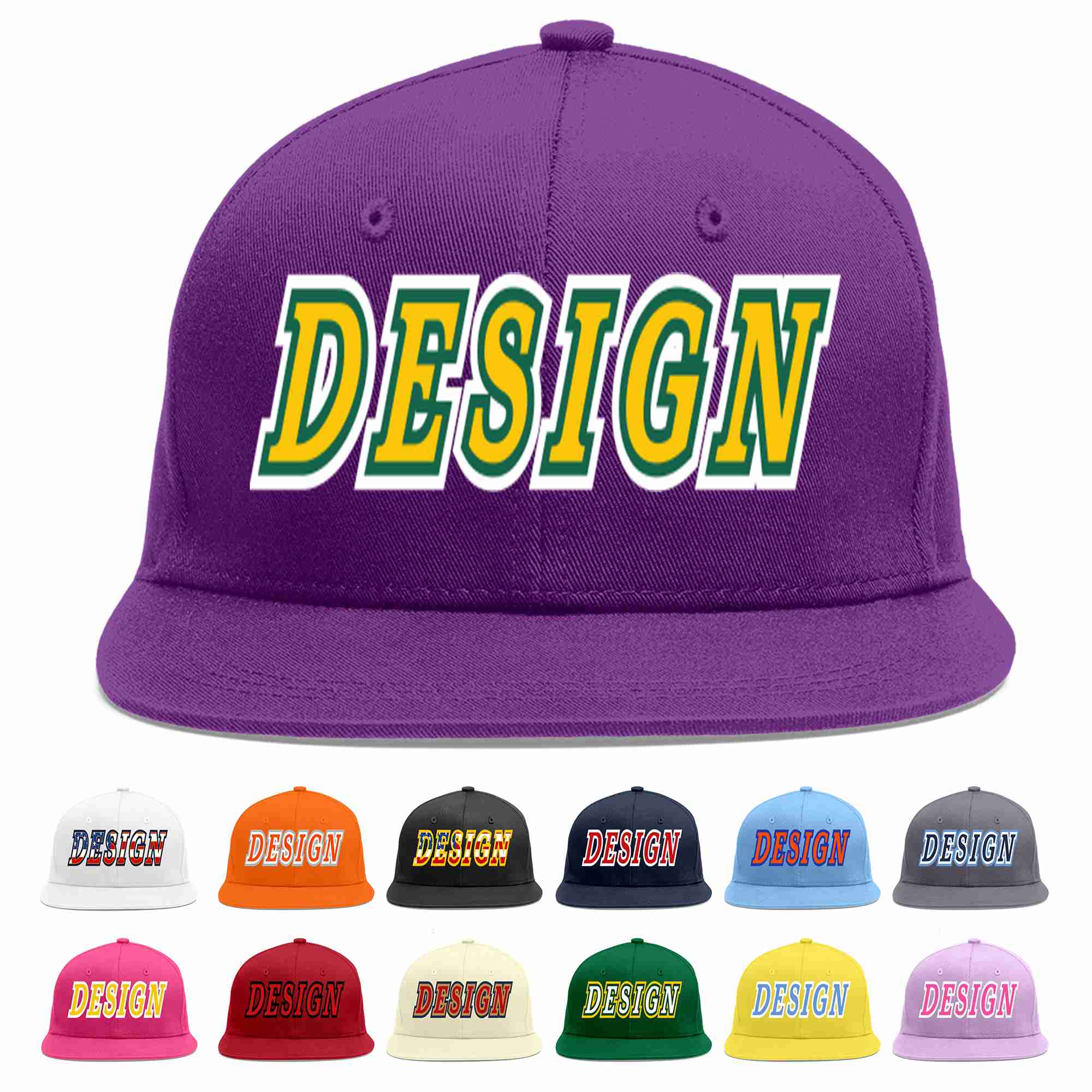 Custom Purple Gold-Kelly Green Flat Eaves Sport Baseball Cap Design for Men/Women/Youth