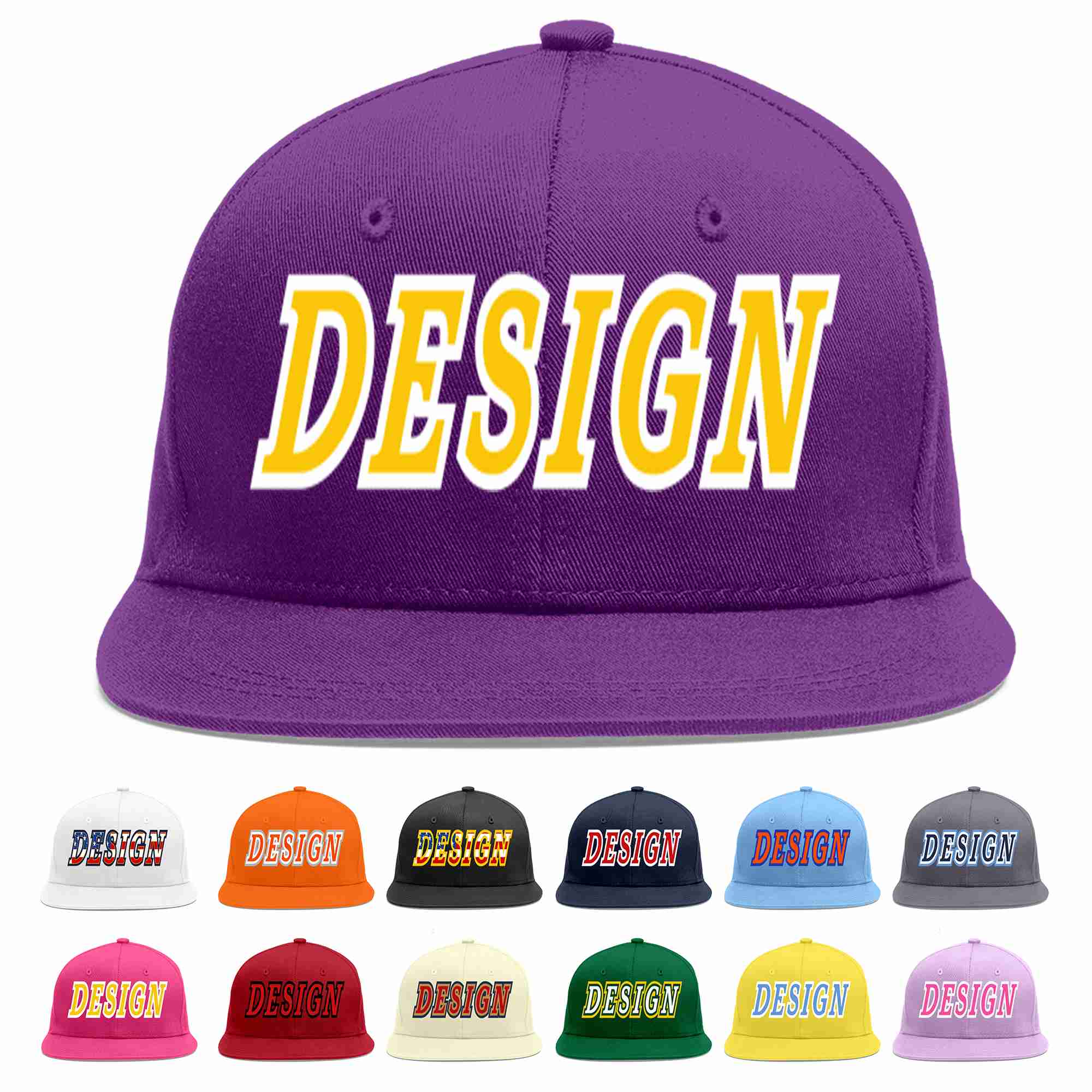 Conception personnalisée de casquette de baseball de sport à avant-toit plat violet or-blanc pour hommes/femmes/jeunes