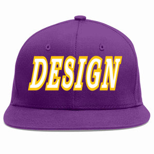 Custom Purple White-Gold Flat Eaves Sport Baseball Cap Design for Men/Women/Youth