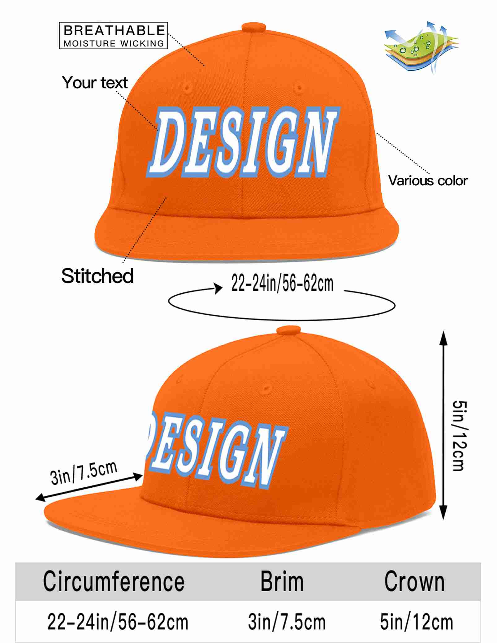 Conception personnalisée de casquette de baseball de sport à avant-toit plat orange blanc-bleu clair pour hommes/femmes/jeunes