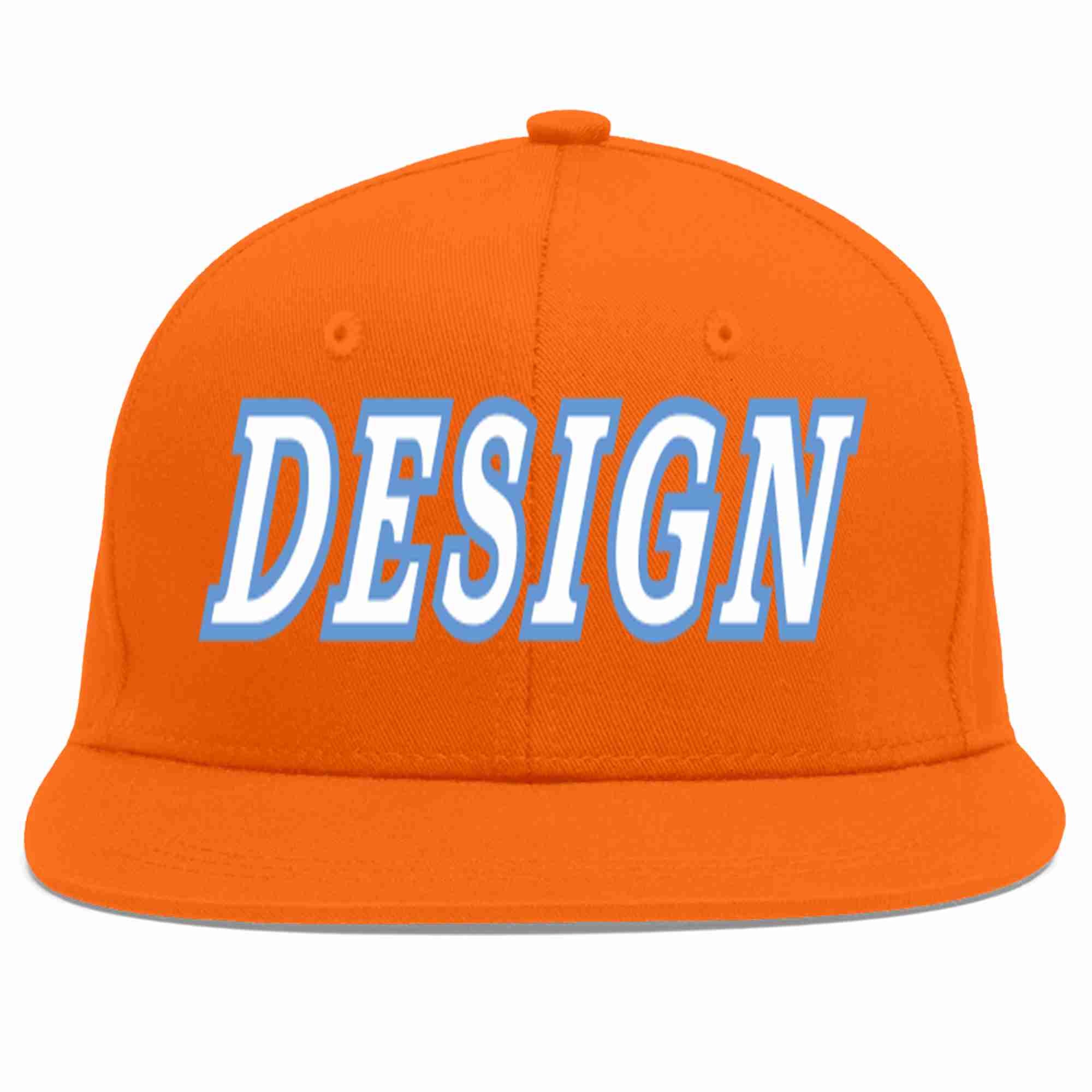 Conception personnalisée de casquette de baseball de sport à avant-toit plat orange blanc-bleu clair pour hommes/femmes/jeunes