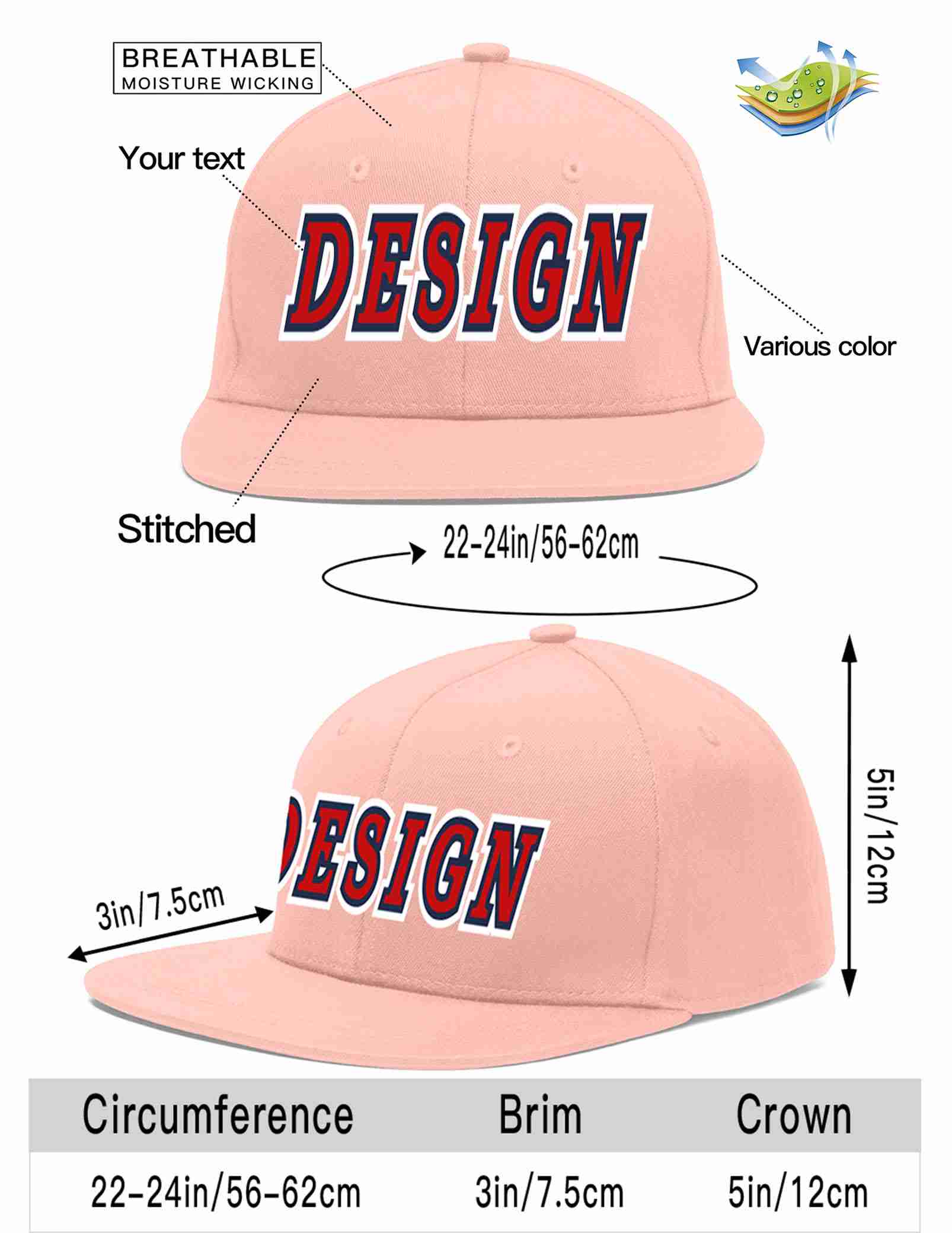 Custom Pink Red-Navy Flat Eaves Sport Baseball Cap Design for Men/Women/Youth