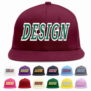 Custom Crimson Kelly Green-White Flat Eaves Sport Baseball Cap Design for Men/Women/Youth