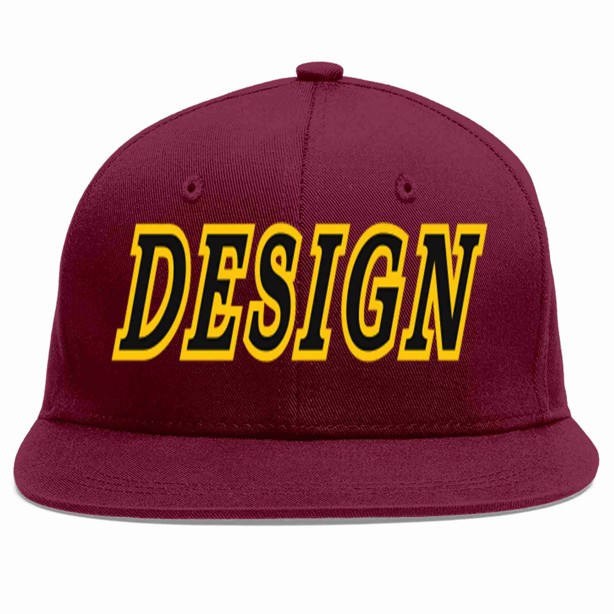 Custom Crimson Black-Gold Flat Eaves Sport Baseball Cap Design for Men/Women/Youth