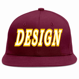 Custom Crimson White-Gold Flat Eaves Sport Baseball Cap Design for Men/Women/Youth