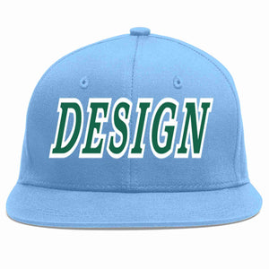 Custom Light Blue Kelly Green-White Flat Eaves Sport Baseball Cap Design for Men/Women/Youth