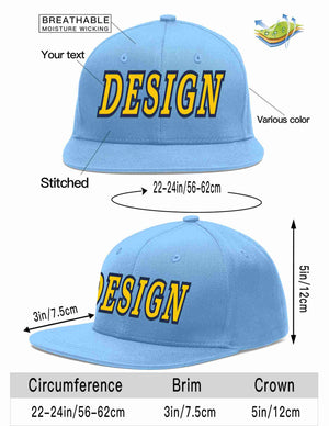 Custom Light Blue Gold-Navy Flat Eaves Sport Baseball Cap Design for Men/Women/Youth