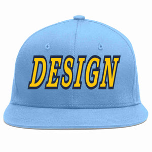 Custom Light Blue Gold-Navy Flat Eaves Sport Baseball Cap Design for Men/Women/Youth