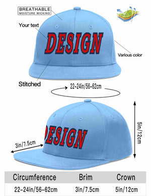 Custom Light Blue Red-Navy Flat Eaves Sport Baseball Cap Design for Men/Women/Youth