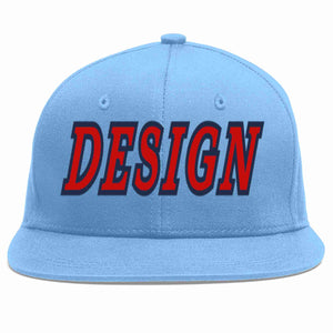 Custom Light Blue Red-Navy Flat Eaves Sport Baseball Cap Design for Men/Women/Youth