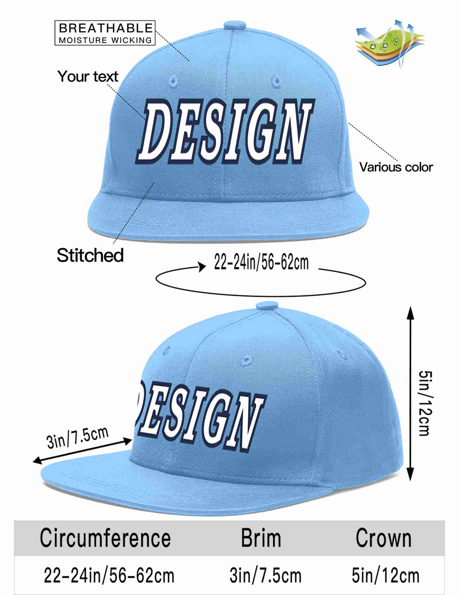 Custom Light Blue White-Navy Flat Eaves Sport Baseball Cap Design for Men/Women/Youth