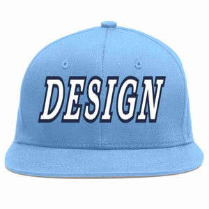 Custom Light Blue White-Navy Flat Eaves Sport Baseball Cap Design for Men/Women/Youth