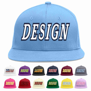 Custom Light Blue White-Navy Flat Eaves Sport Baseball Cap Design for Men/Women/Youth