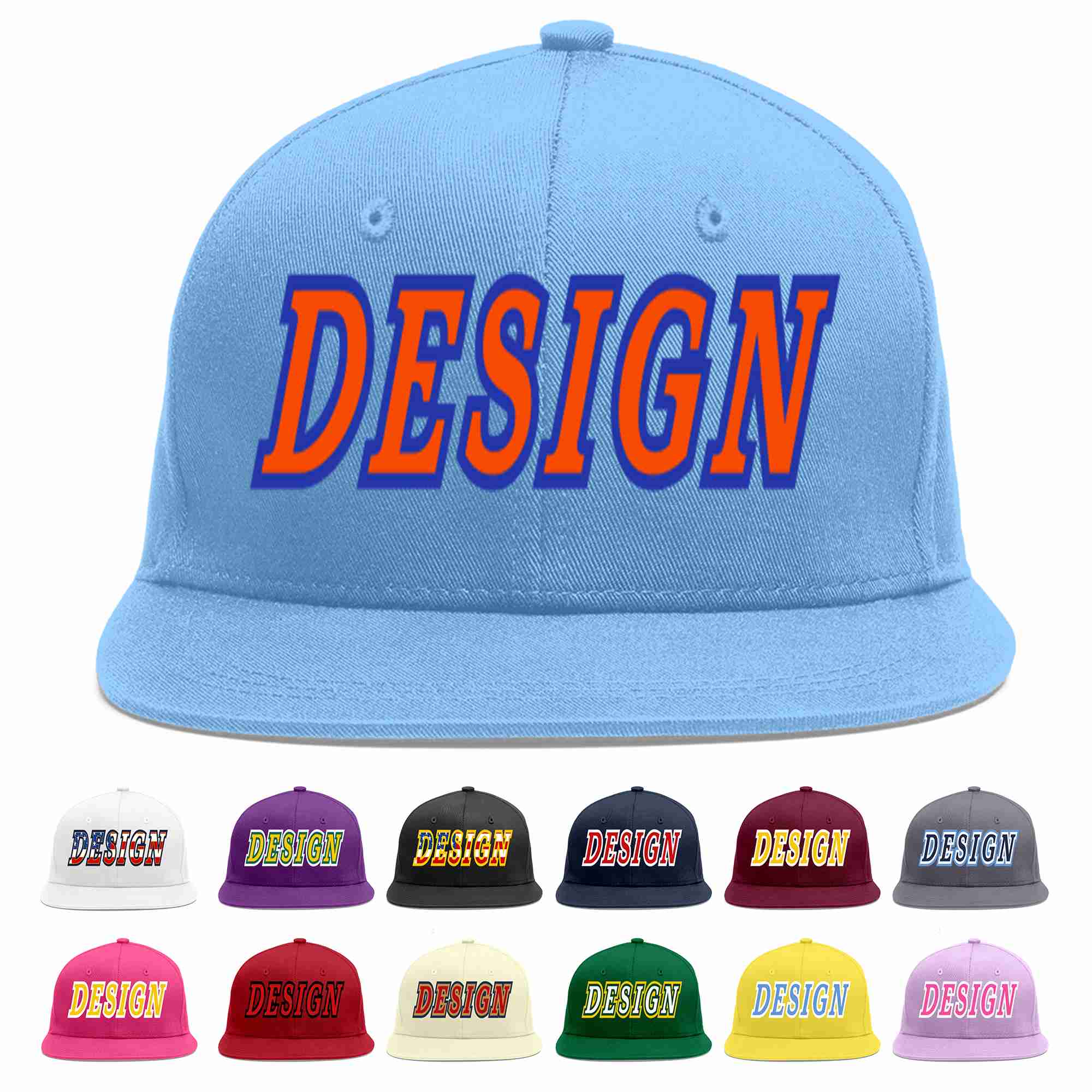 Custom Light Blue Orange-Royal Flat Eaves Sport Baseball Cap Design for Men/Women/Youth