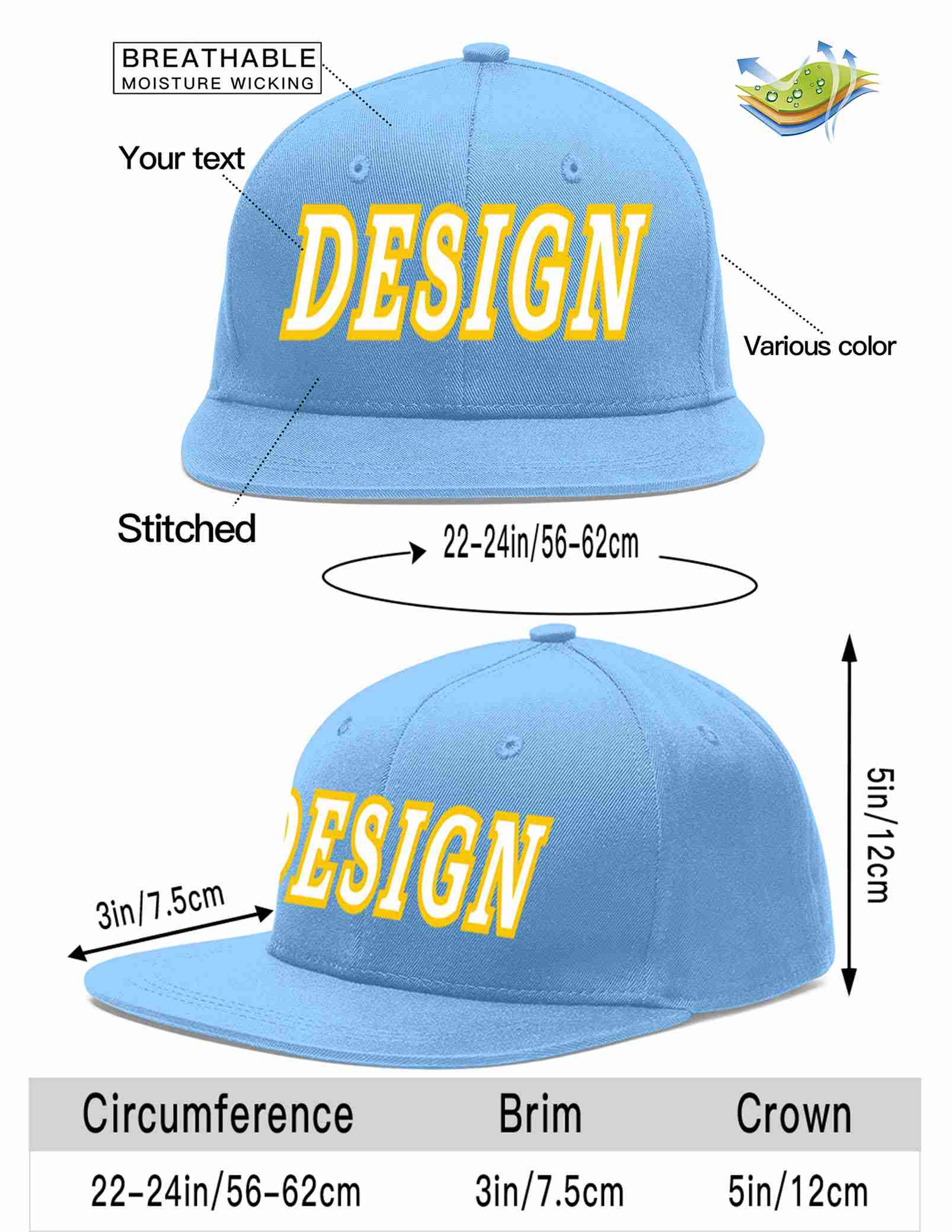 Custom Light Blue White-Gold Flat Eaves Sport Baseball Cap Design for Men/Women/Youth