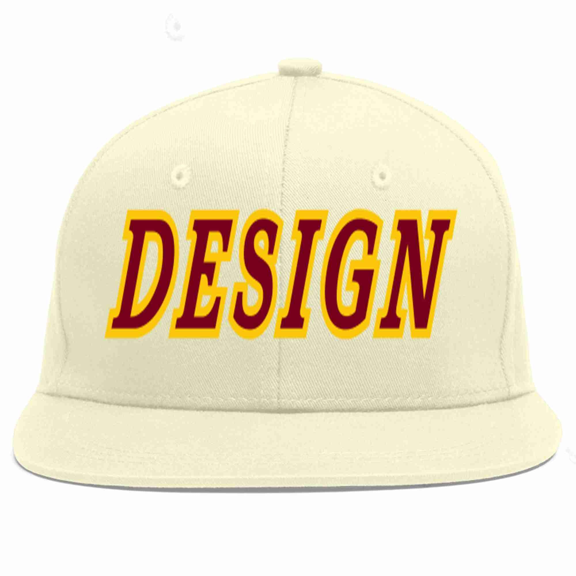 Custom Cream Crimson-Gold Flat Eaves Sport Baseball Cap Design for Men/Women/Youth