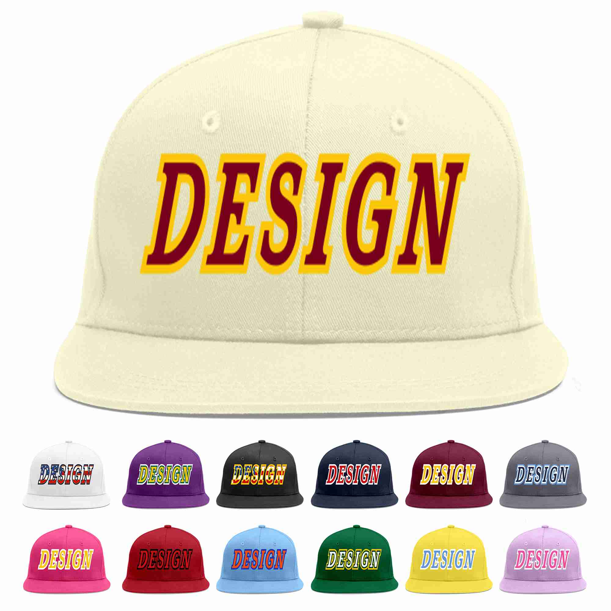 Custom Cream Crimson-Gold Flat Eaves Sport Baseball Cap Design for Men/Women/Youth