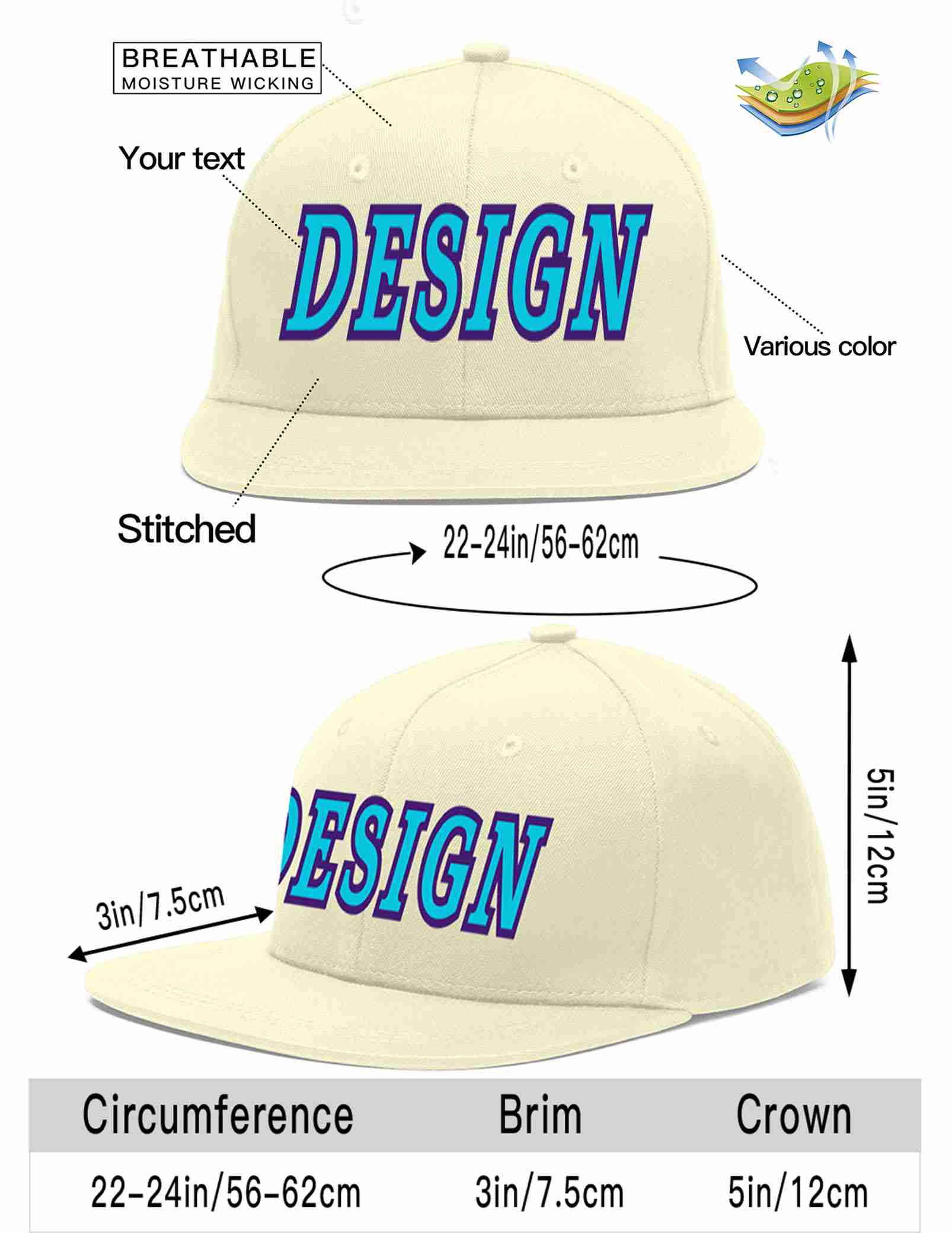 Custom Cream Light Blue-purple Flat Eaves Sport Baseball Cap Design for Men/Women/Youth