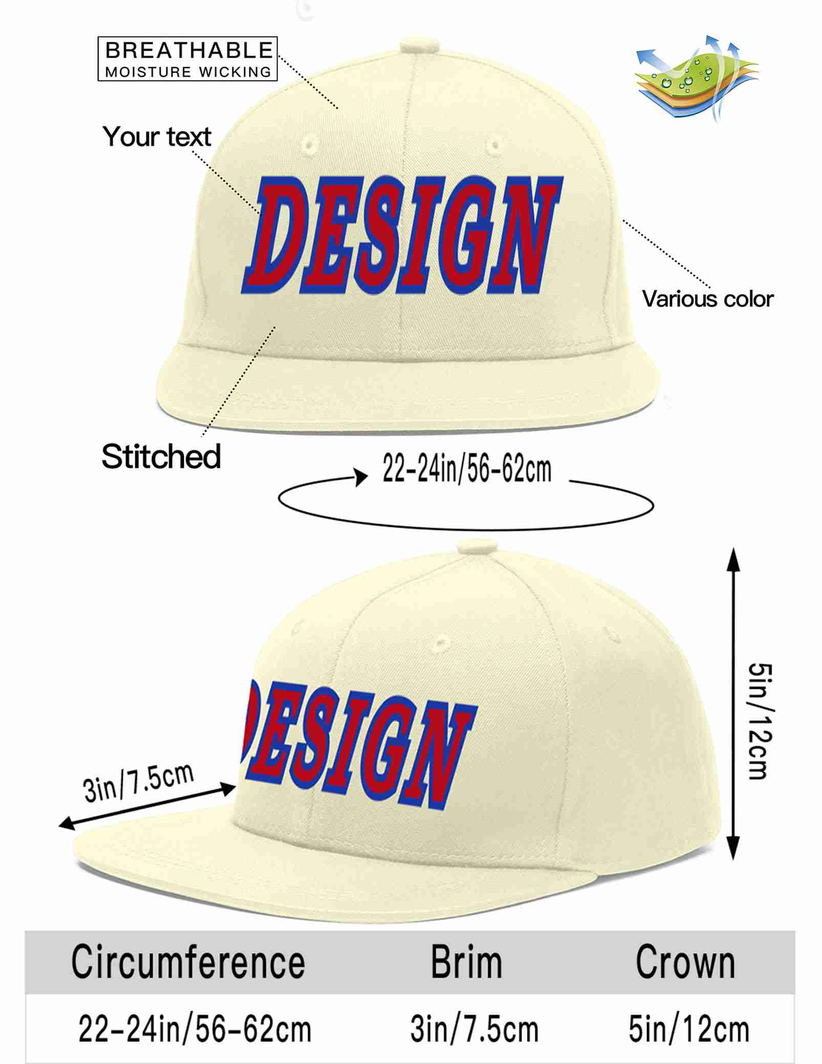 Custom Cream Red-Royal Flat Eaves Sport Baseball Cap Design for Men/Women/Youth