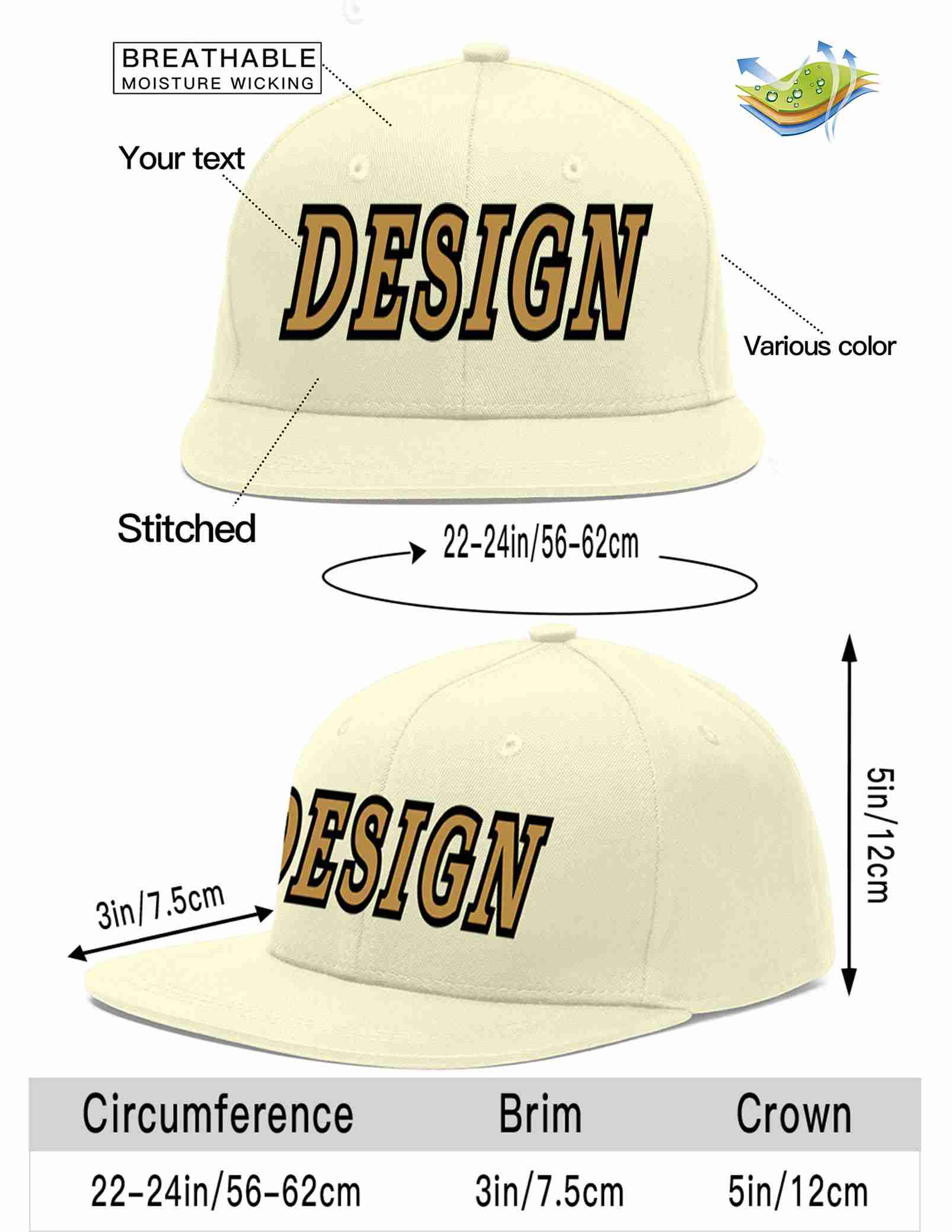 Custom Cream Old Gold-Black Flat Eaves Sport Baseball Cap Design for Men/Women/Youth