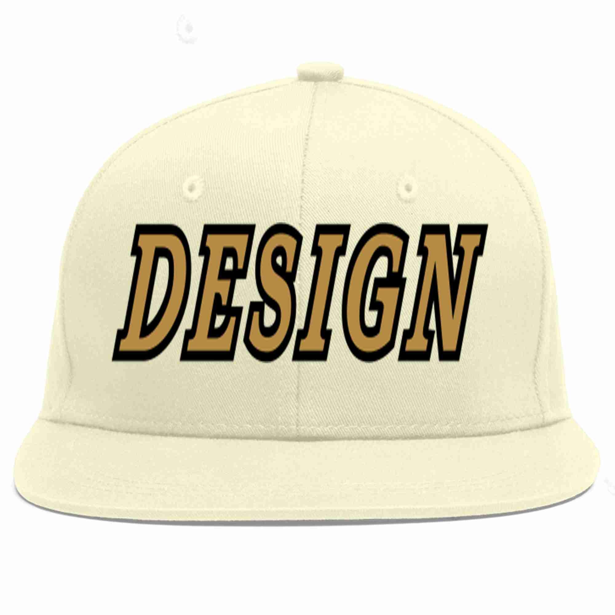 Custom Cream Old Gold-Black Flat Eaves Sport Baseball Cap Design for Men/Women/Youth