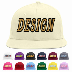 Custom Cream Old Gold-Black Flat Eaves Sport Baseball Cap Design for Men/Women/Youth