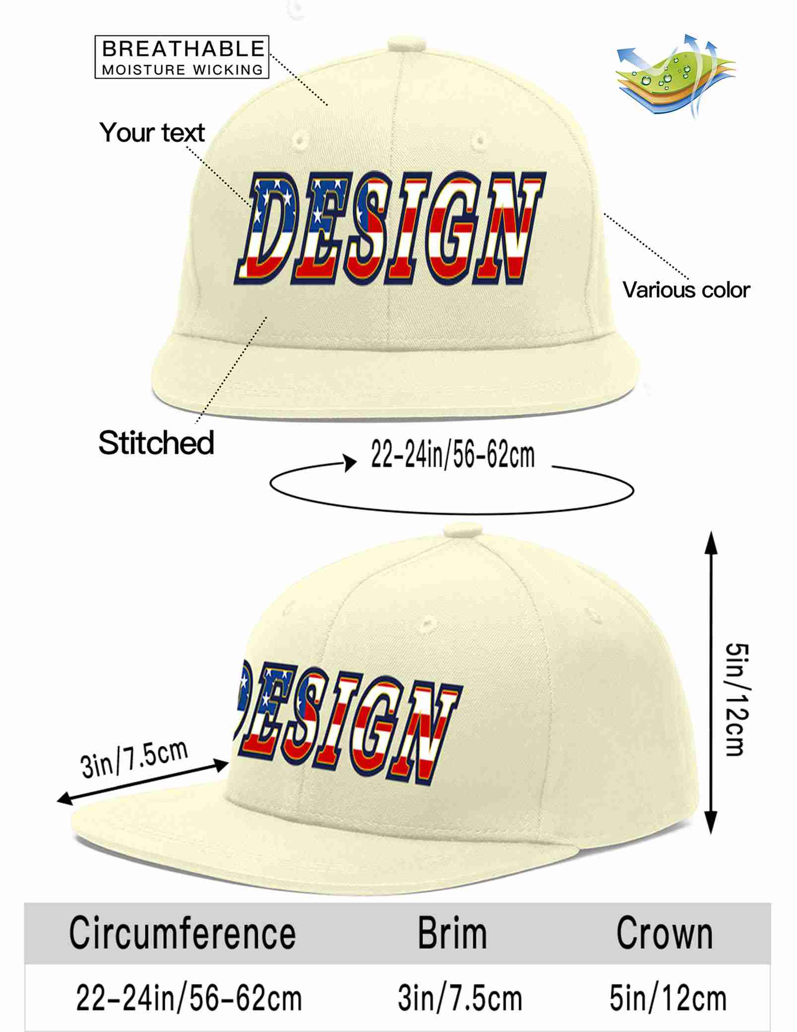 Custom Cream Vintage USA Flag-Gold Flat Eaves Sport Baseball Cap Design for Men/Women/Youth