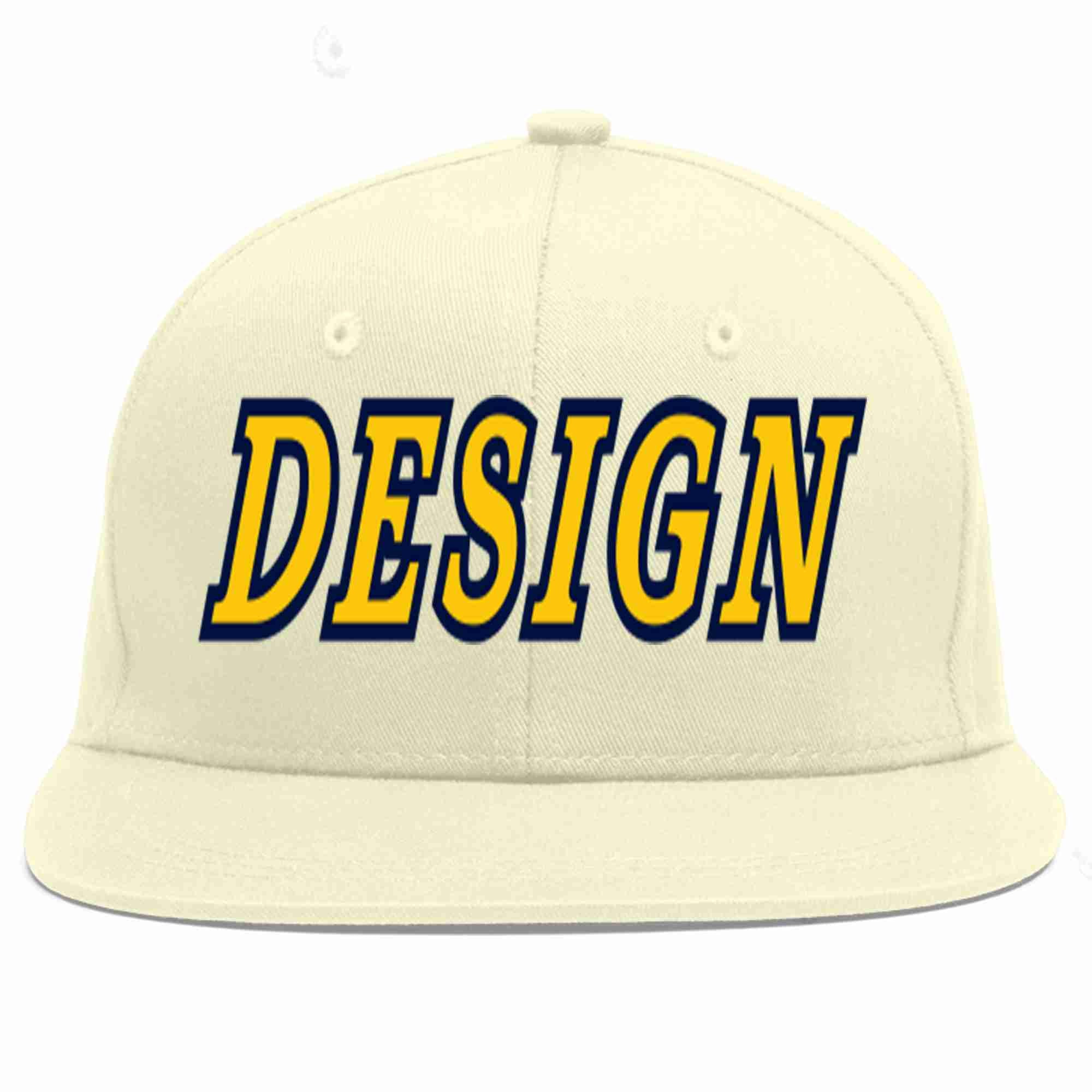 Custom Cream Gold-Navy Flat Eaves Sport Baseball Cap Design for Men/Women/Youth