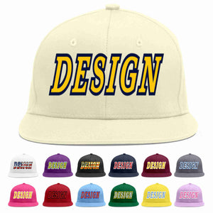 Custom Cream Gold-Navy Flat Eaves Sport Baseball Cap Design for Men/Women/Youth