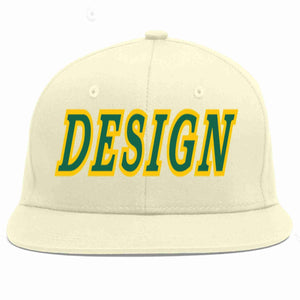 Custom Cream Kelly Green-Gold Flat Eaves Sport Baseball Cap Design for Men/Women/Youth