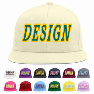 Custom Cream Kelly Green-Gold Flat Eaves Sport Baseball Cap Design for Men/Women/Youth