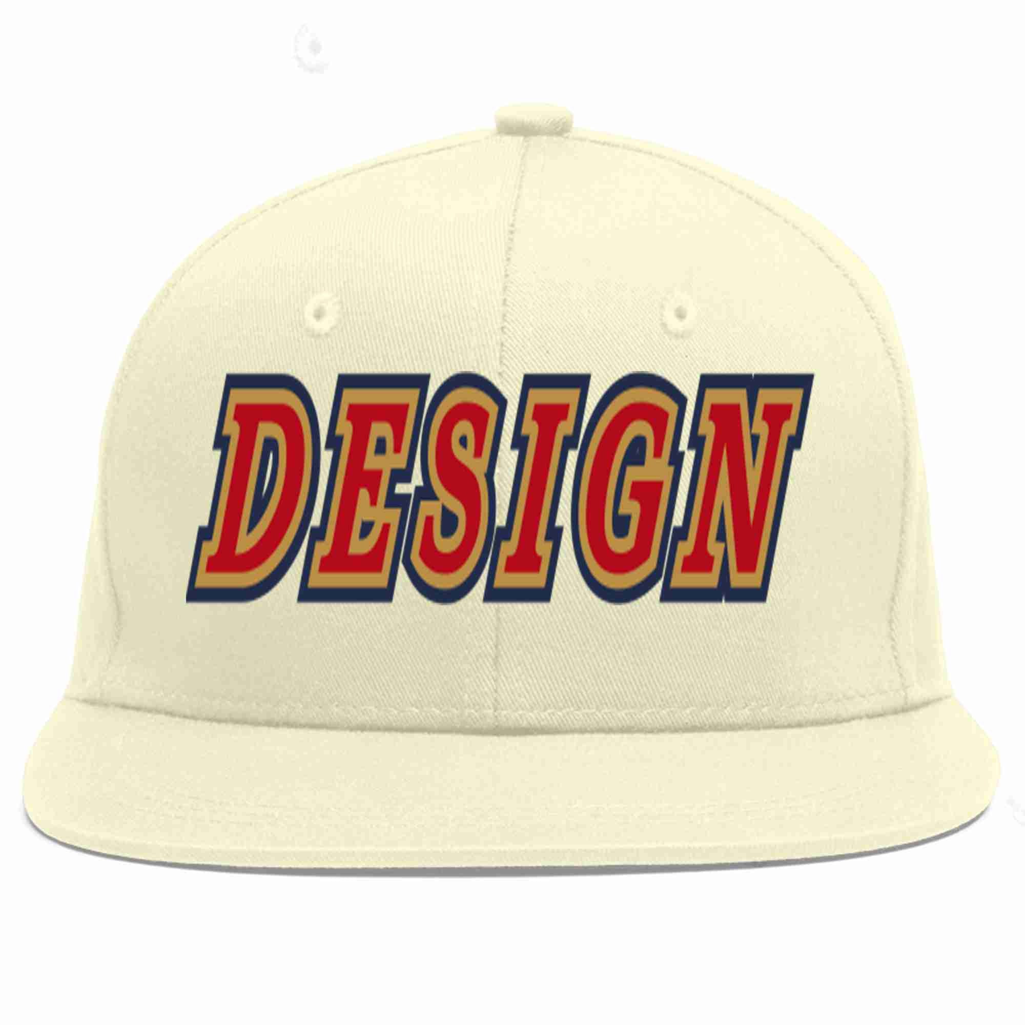 Conception personnalisée de casquette de baseball de sport à avant-toit plat rouge-vieil or crème pour hommes/femmes/jeunes