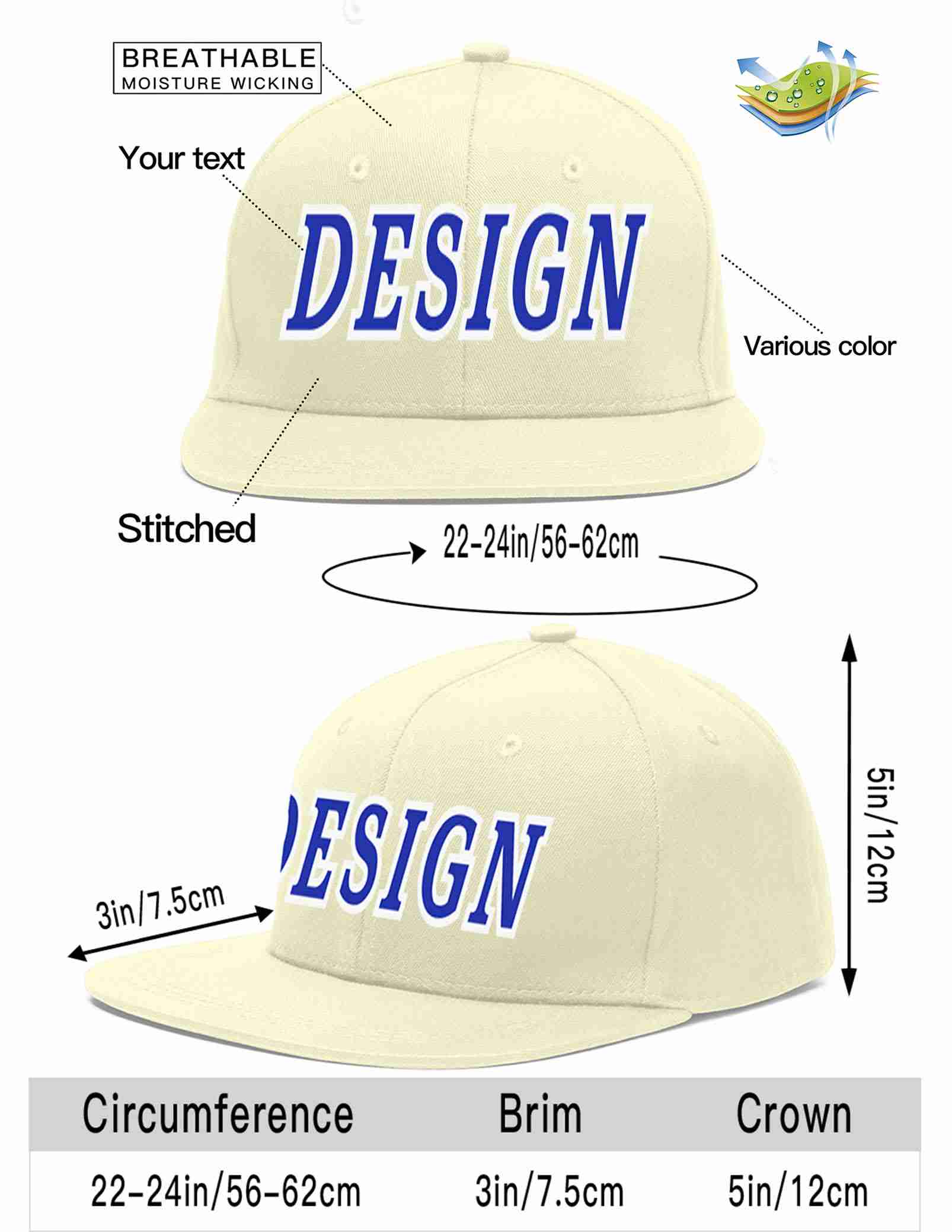 Custom Cream Royal-White Flat Eaves Sport Baseball Cap Design for Men/Women/Youth