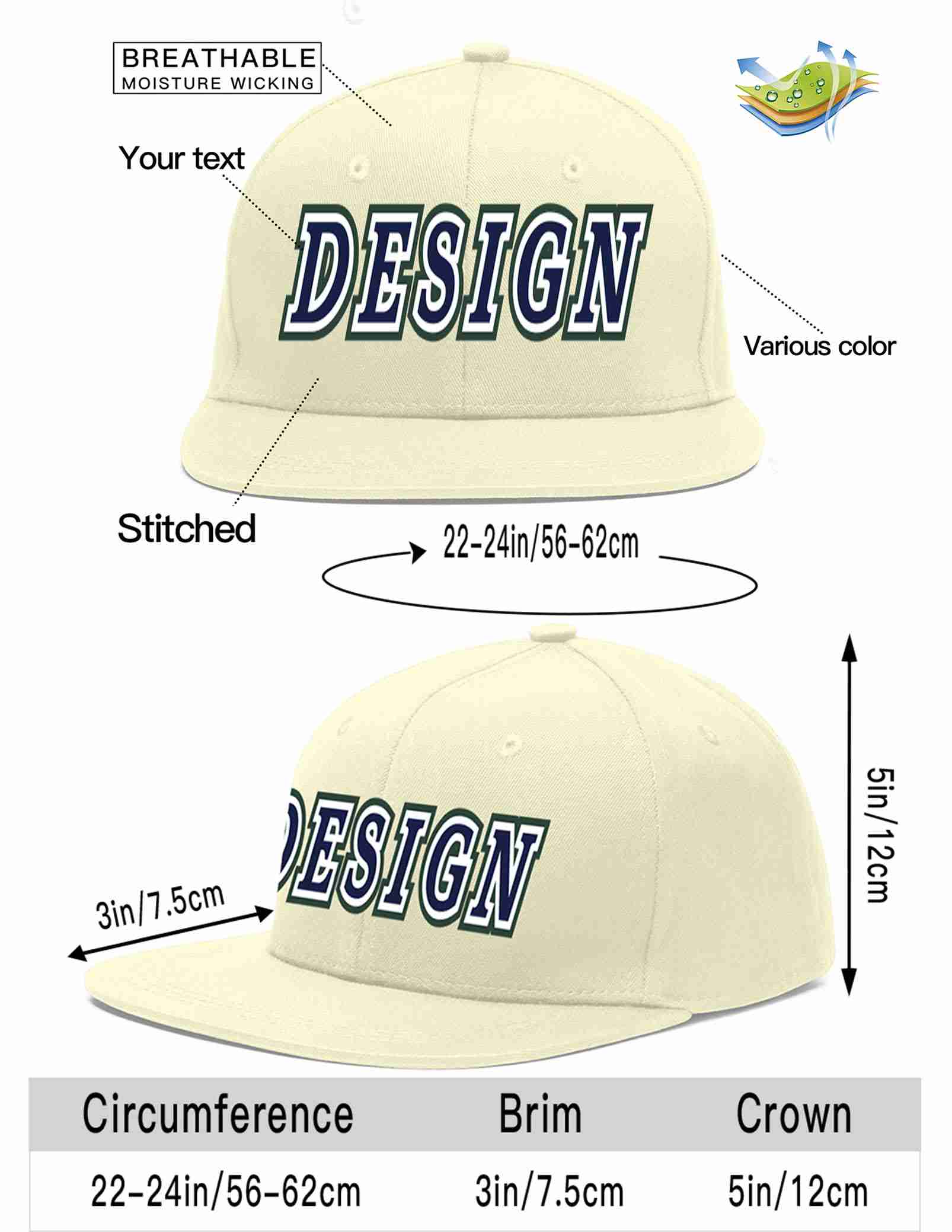 Custom Cream Navy-White Flat Eaves Sport Baseball Cap Design for Men/Women/Youth