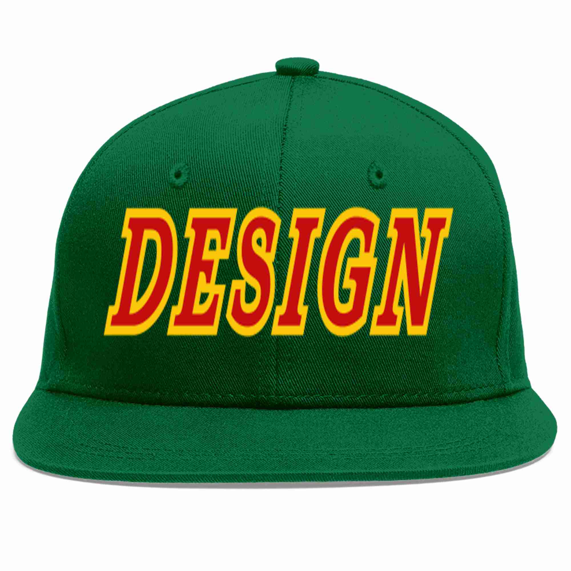 Conception personnalisée de casquette de baseball de sport à avant-toit plat vert rouge-jaune pour hommes/femmes/jeunes