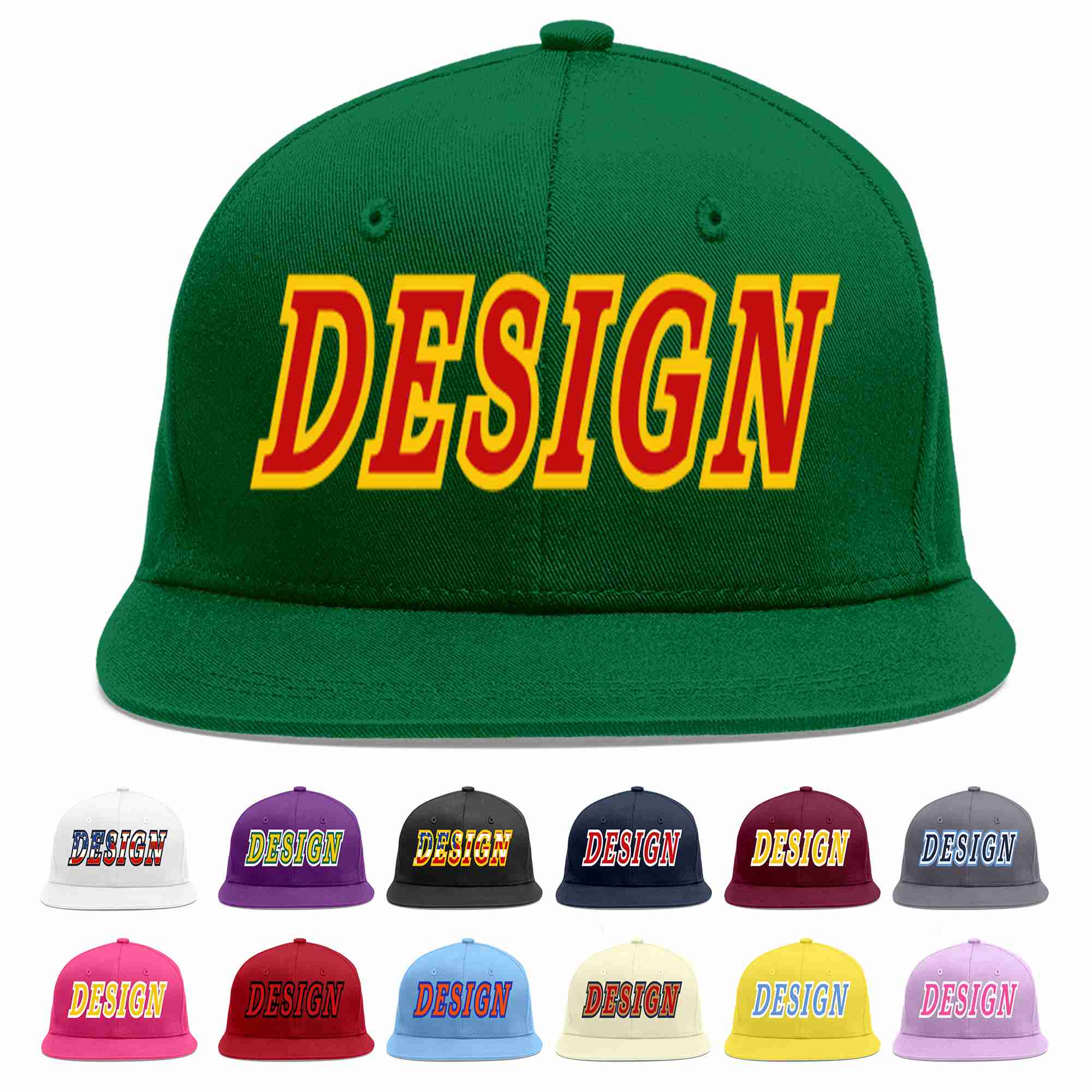 Conception personnalisée de casquette de baseball de sport à avant-toit plat vert rouge-jaune pour hommes/femmes/jeunes