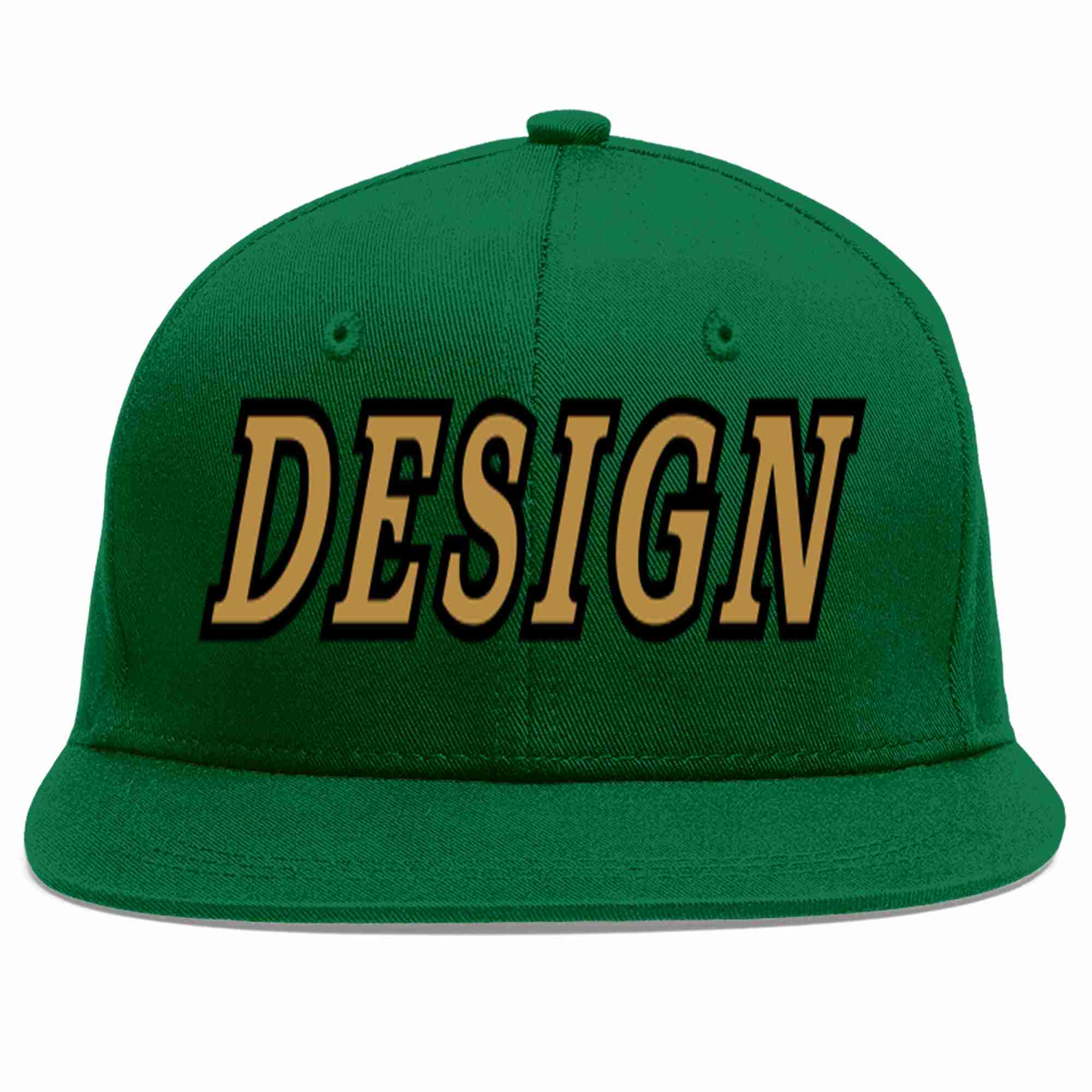 Conception personnalisée de casquette de baseball de sport à avant-toit plat vert vieux or-noir pour hommes/femmes/jeunes