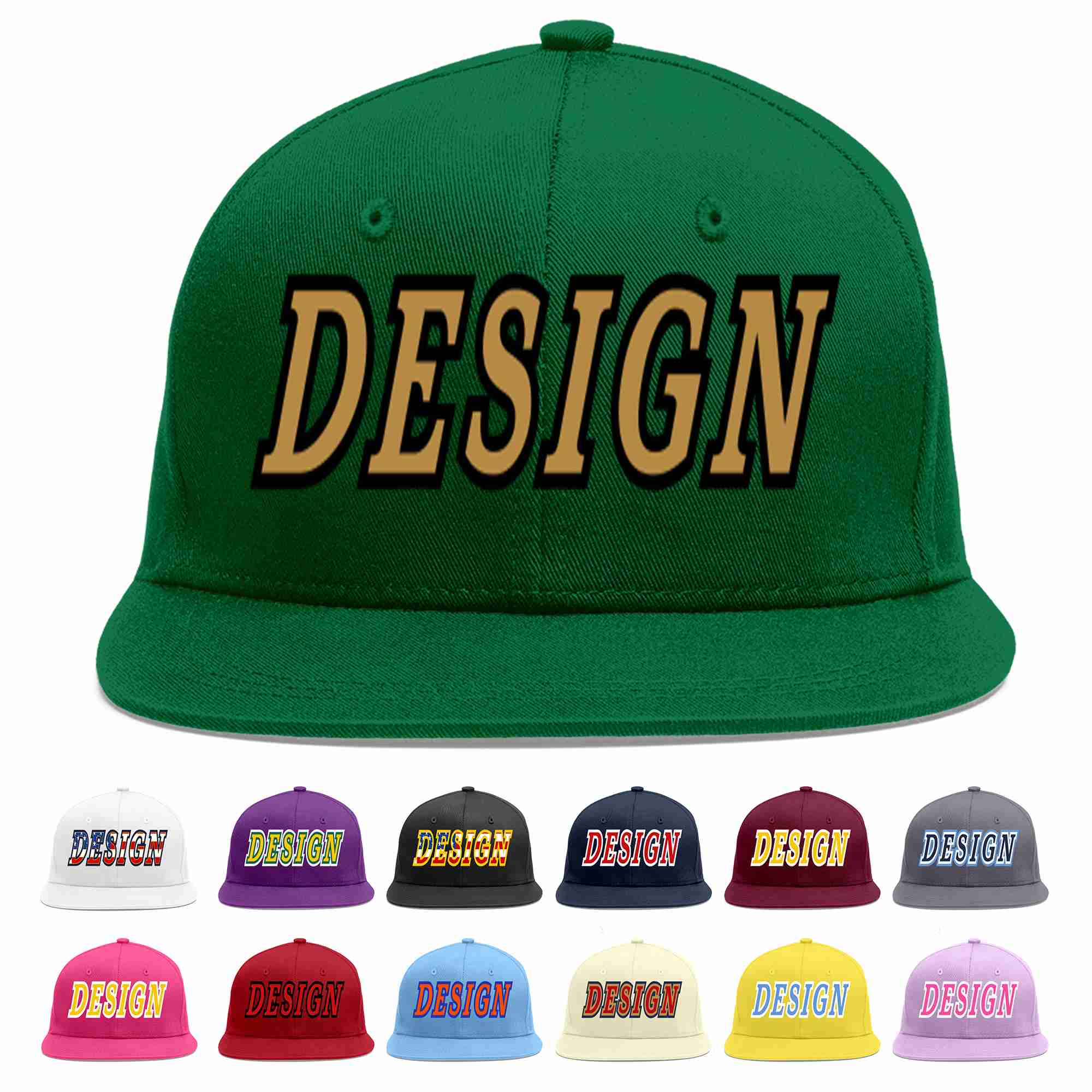 Custom Green Old Gold-Black Flat Eaves Sport Baseball Cap Design for Men/Women/Youth